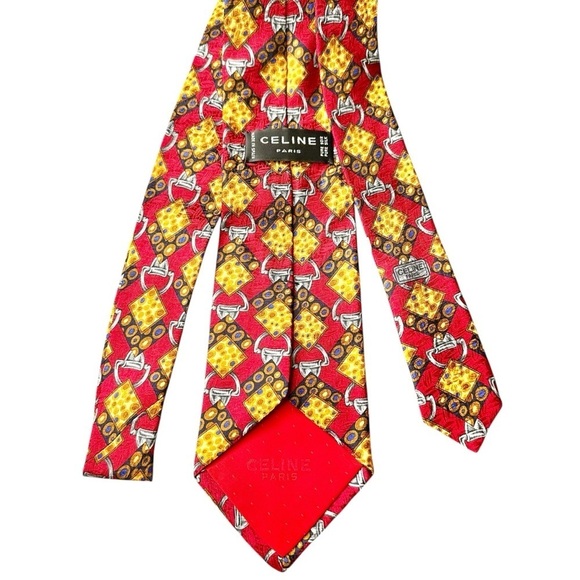 Celine Red & Gold Horse Bit 100% Silk Men’s Neck Tie - Picture 9 of 11